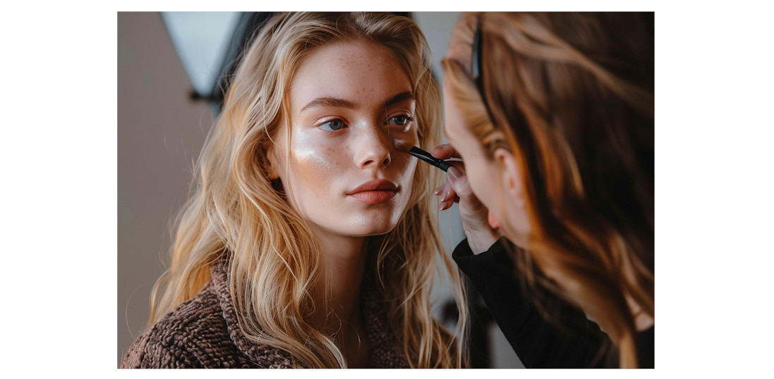 Ung modell får makeup applicerad innan catwalk och modevisning